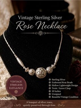 Vintage Sterling Silver Rose Bead Necklace Handmade 18” Floral